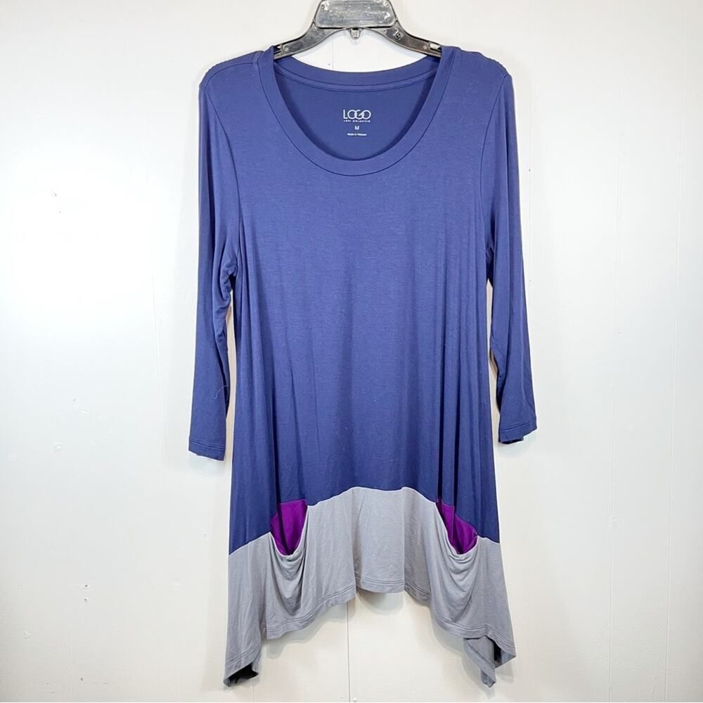 LOGO Lori Goldstein Navy Blue + Gray + Purple Pocket Tunic Size Woman's Medium